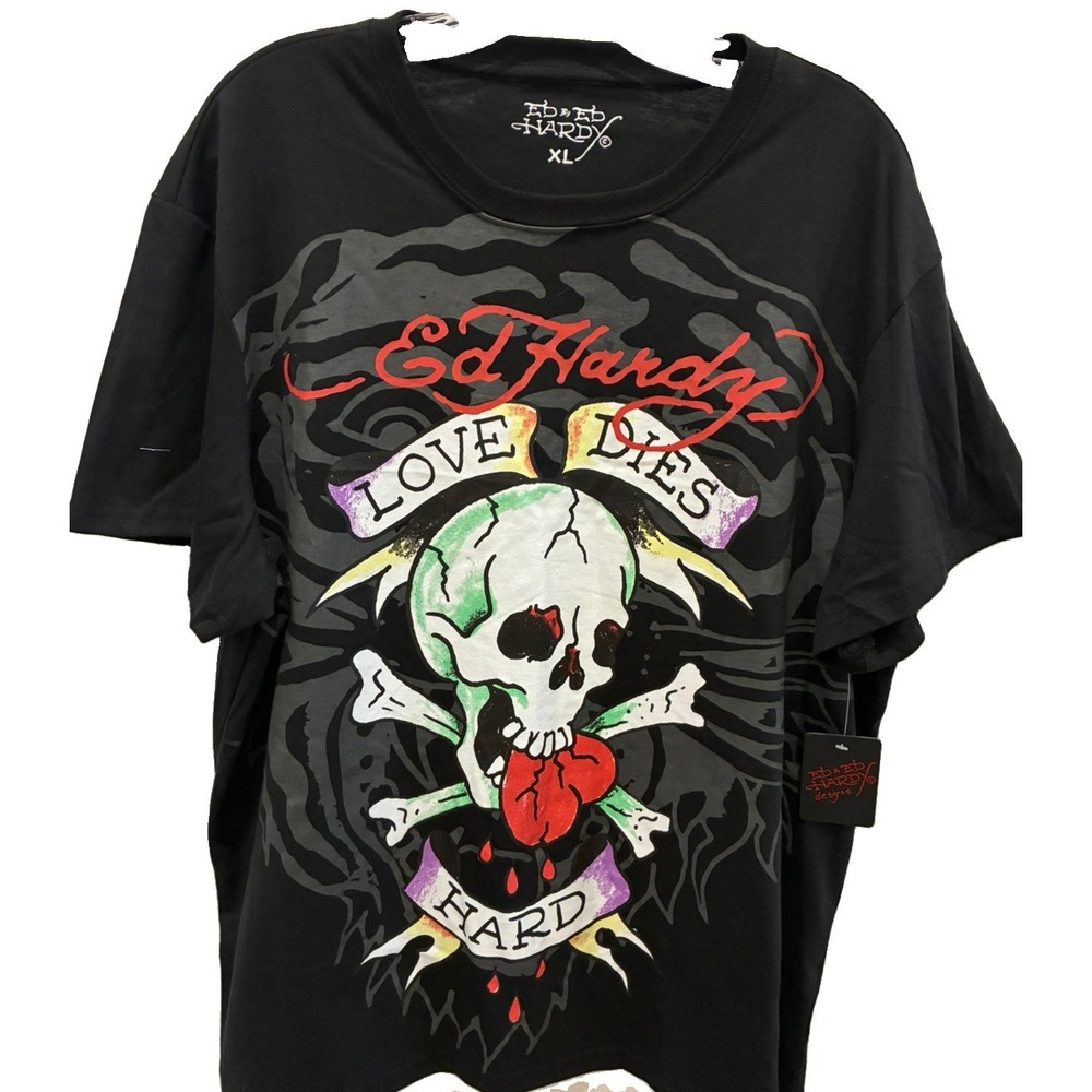 ED HARDY~Men's XL Black Skull Graphic Print Logo Crew Neck Short Sleeve Tee NWT